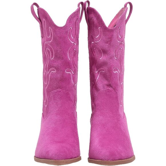 Women Pink Suede Mid Calf Chunky Block Heel Western Embroidered Cowgirl Boot - Picture 2 of 6